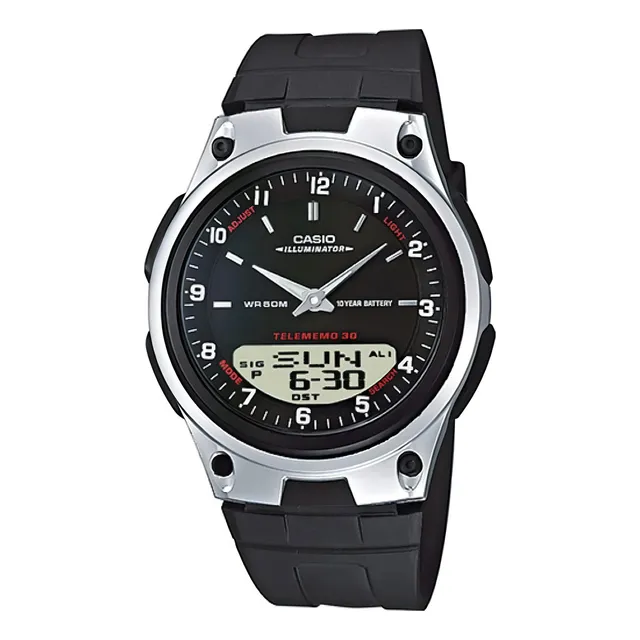 Reloj pulsera Casio Collection AW-80 de cuerpo color plateado y negro, analógico-digital, fondo negro, con correa de resina color negro, agujas color plateado y blanco, dial blanco y plateado, minuter