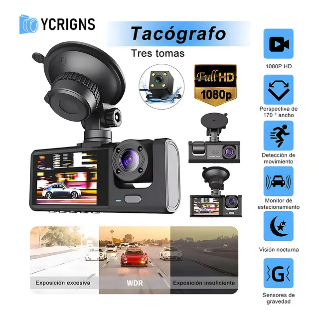 Ycrigns® Cámara Para Automovil 3 1080p Dashcam Hd 1080p De 170° Para Automóvil Camara Para Auto Accesorios Para Camioneta Dash Cam 12V Camara De Reversa Led Para Pantalla