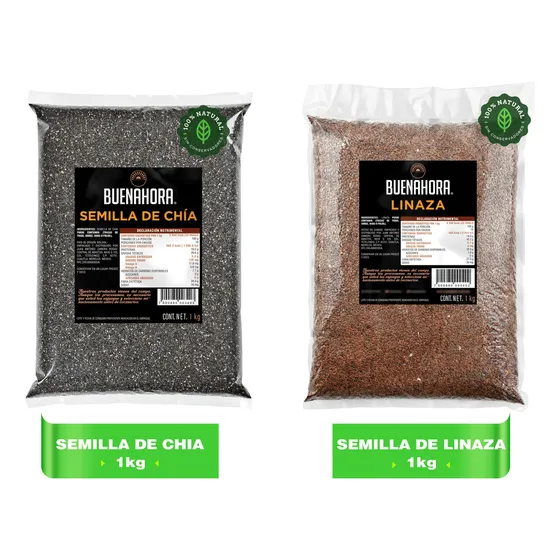 Semilla De Linaza Y Chía Buenahora 2kg  Combo De Superfoods Naturales Ricos En Fibra Omega-3 Y Antioxidantes Ideal Para Smoothies Batidos Avena Jugos Detox Y Dietas Para Bajar De Peso Flaxseed & Chia