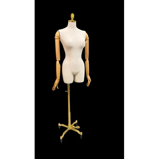 Busto Importado Com Braços Madeira Com Pedestal Dourado