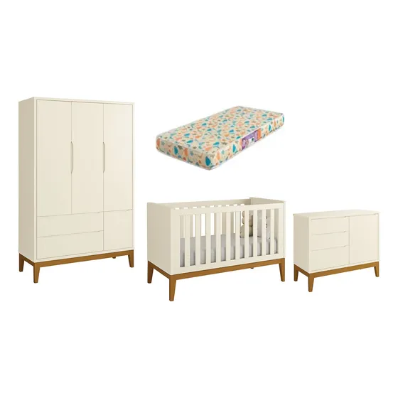 Quarto Bebê 4 Peças Retrô Areia Madeira Mdf Colchao Completo