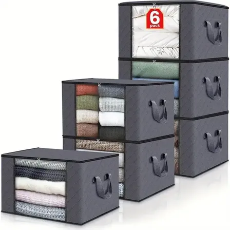 Kit6 Saco Organizador Guarda Roupa Dobrável Edredom Cobertor Cinza-escuro