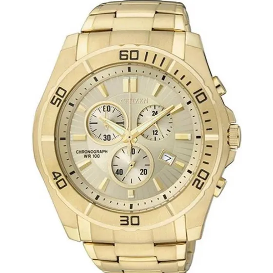 Relógio De Pulso Citizen Chronograph Wr 100 Com Corria De Aço Cor Dourada - Fondo Dourado