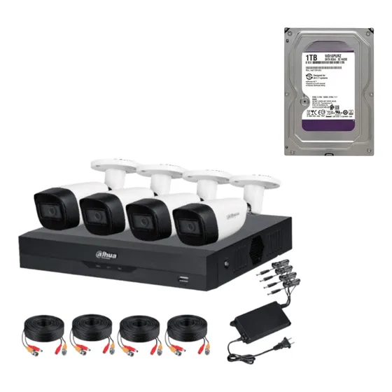 Kit Mextec Dvr 4ch-5mpx Xvr5104hs-4kl-i3 Con 4 Cámaras Hfw1500 Cmn-a 5mpx Con Micrófono Y Disco Duro De 1tb