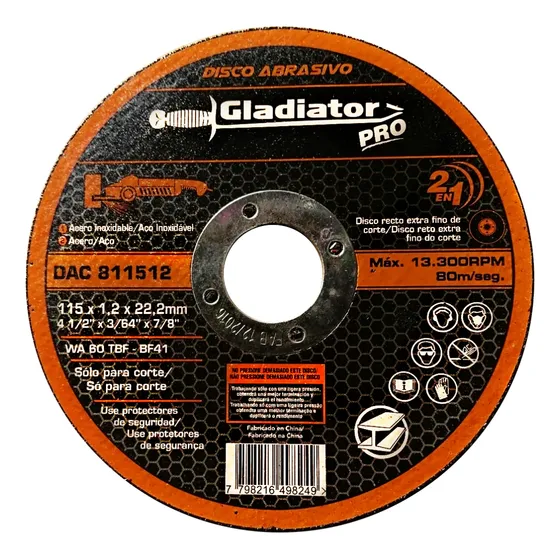 Disco Abrasivo De Corte Acero Inox 115x1,2x22,2mm Gladiator