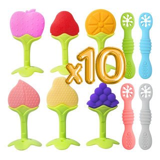 Pack 10 Mordederas Bebés Juguete Textura Frutas Cuchara Niño Pack 10 Mordederas Bebés Juguete Textura Frutas Cuchara Niño