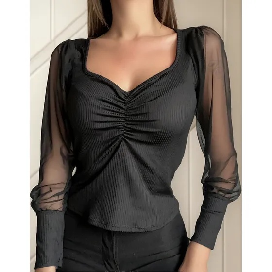 Remera Manga Princesa Tull Escote Frunce