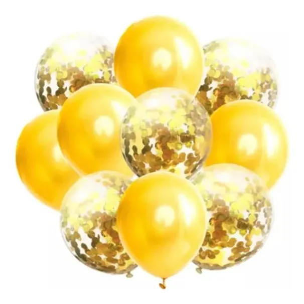 Kit Globos Cromado  R12 + Globos Con Confeti R 12 Dorado