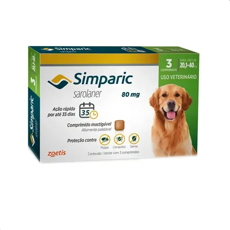 Antipulgas Zoetis Simparic 80mg Cachorro 20.1 Kg 40 Kg 3 Comprimidos Verde-escuro