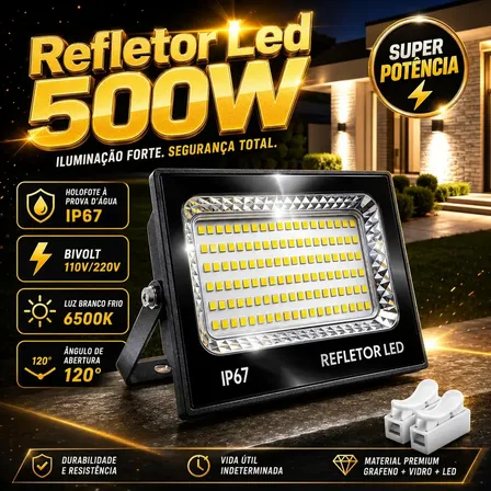 Kit 2 Refletores Led Smd Holofote 500w Ip67 Carcaça Preta Luz Branco Frio 6500k Bivolt Econômico Decorativo 127/220v Preto