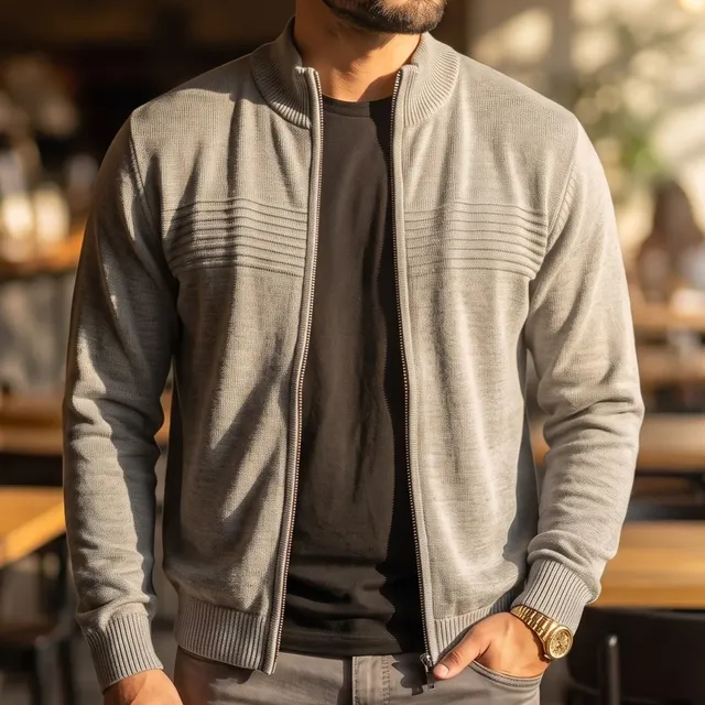 Casaco Masculino Tricot Com Zíper Gola Alta Jaqueta De Frio Cinza G