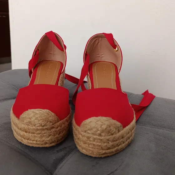 Zapatos Rojos Fabricados A Mano, Tacón Cuña De 7cm De Altura