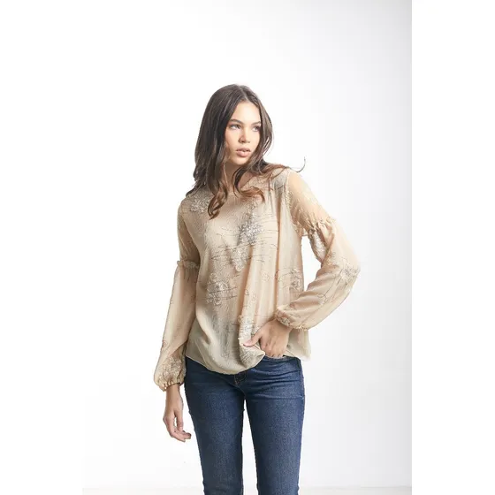 Blusa Chiffon Arrugado Manga Larga Ruche Braz Saints Clothes
