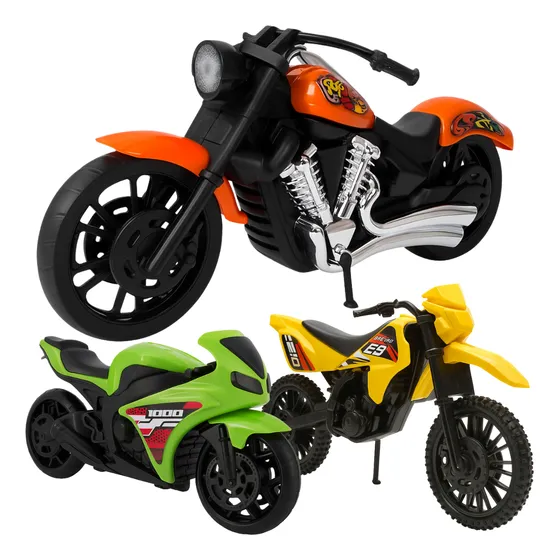 Kit 3 Motinhas Brinquedo Moto Esportiva Trilha E Harley