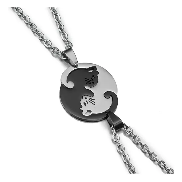 Collar De Gatos Abrazados Plateado Negro Acero Inoxidable 