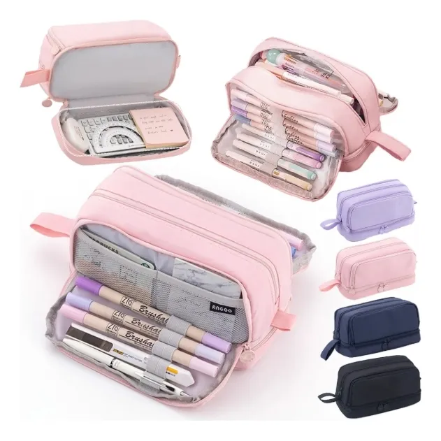 Estuche Lapicera Doble Nivel Organizador 6 Zonas Para Lápice Rosa Claro
