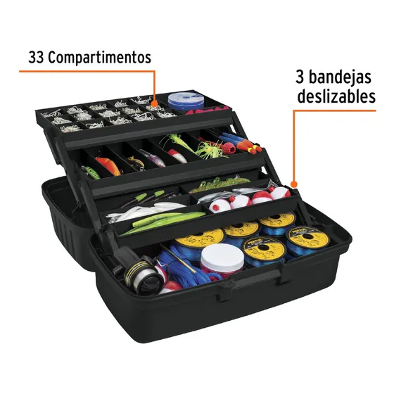 Caja Para Pesca De 16 Con 3 Bandejas Deslizables, Truper Color Negro