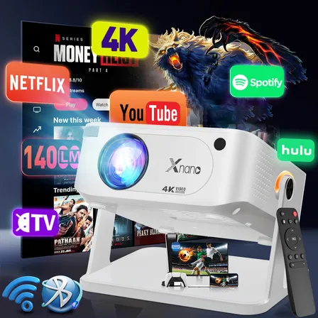 Proyector 4k Xnano Android 14000lm Mini Proyector Led Portatil Inteligente Dual Wifi 6 Auto Corrección Keystone 1080p Nativo Bt 5.2 Sonido Hi-fi Con Soporte Ajustable White