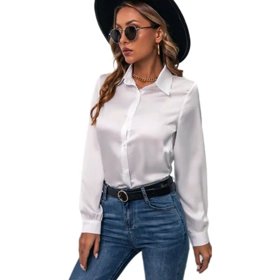 Camisa Blanca Satinada Manga Larga Para Dama