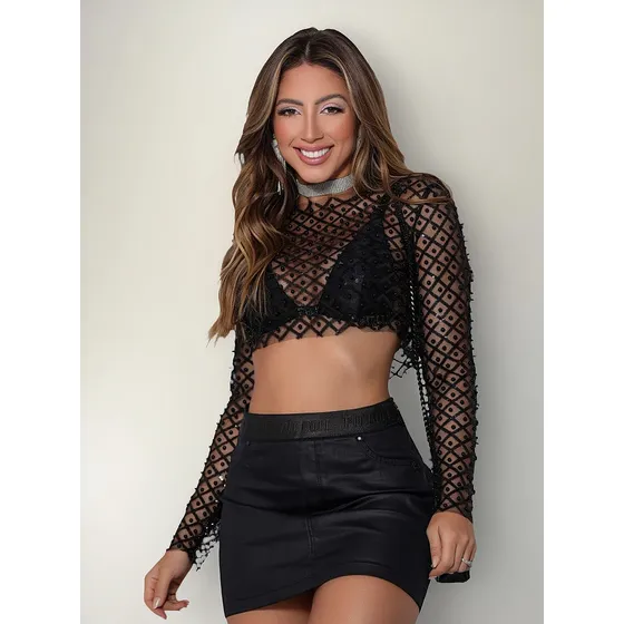Cropped Manga Longa Em Tule Com Pérolas Pit Bull - 83017