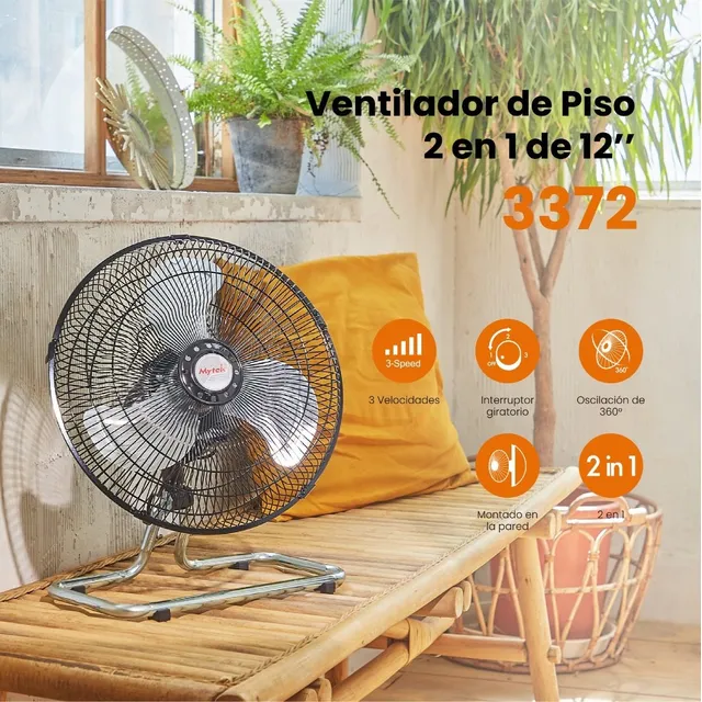 Ventilador De Mesa Y Pared Mytek 3372 De 12 Pulgadas 2 En 1 Cantidad de aspas 3 Color de la estructura Negro Color de las aspas Gris Diámetro 30.48 cm Frecuencia 60HZ Material de las aspas Metalicas