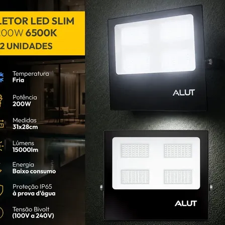 Kit 2 Refletor Led 200w 6500k Branco Frio a prova d'água Alut Cod: ALUT000702-2 Alut By Avant