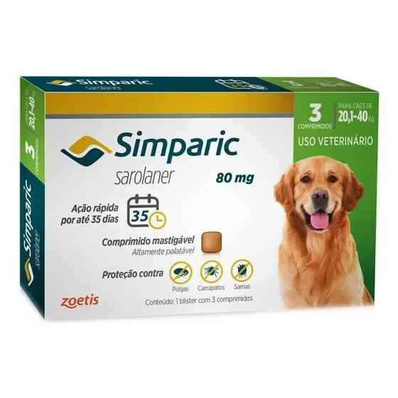 Simparic 80mg Antipulgas e Carrapatos Cães 20 a 40kg 3 Comprimidos