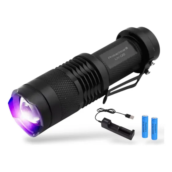Lámpara Linterna Táctica Luz Negra Uv Ultravioleta 6 Funciones En 1 Doble Bateria Recargable Campismo Multiusos Seguridad Portatil Viaje Bolsillo Led Q5 Aluminio Zoom Cargador Usb Protactical®