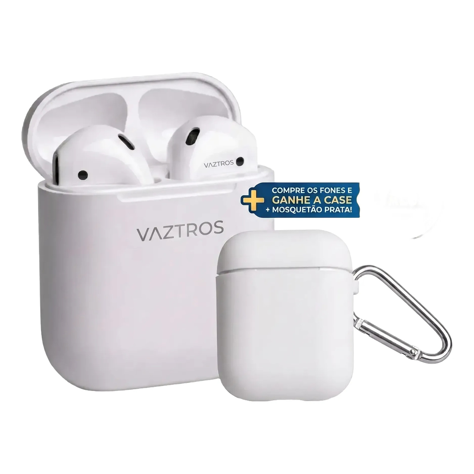 Fone de ouvido Bluetooth Vaztros branco dentro da caixa de carregamento, acompanhado de uma case protetora branca com mosquetão prata ao lado.