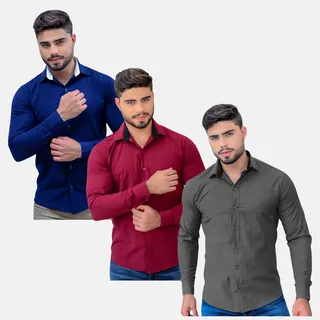 Kit 3 Camisas Social Masculina Slim Blusa Longa Atacado Luxo Kit 3 Camisas Social Masculina Slim Blusa Longa Atacado Luxo