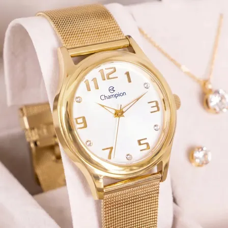 Kit Relógio Champion Feminino Dourado Com Colar E Brincos - Cn29007w - Pulseira Em Aço Inoxidável Branco