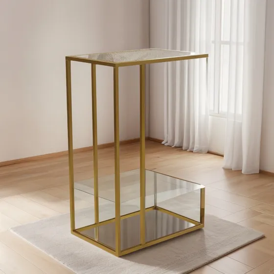 Mesa Lateral E Canto Elena Base Aço Dourado Tampo Vidro