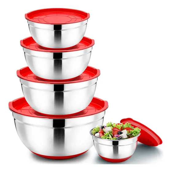 P&p Chef Juego 5 Cuenco Rojo Para Mezclar Tapa Acero Cocina