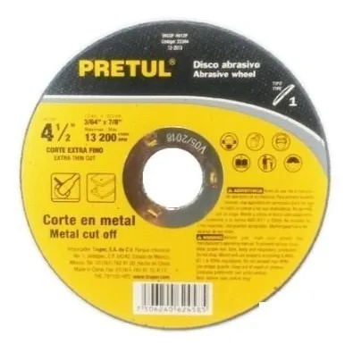 Disco De Corte Para Metal 4.1/2x3/64x7/8 Marca Pretul, 5 Und