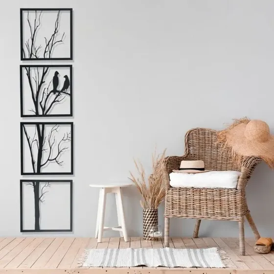 Quadros Decorativo Árvore Com Casal De Pássaros Vertical 4pç