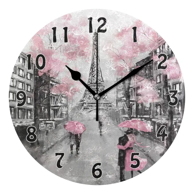 Reloj Pared 9.5  Torre Eiffel Amante Paris Flor Rosa Redondo