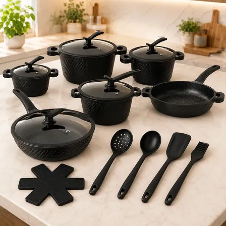 Conjunto De Panelas Inducao Cerâmico Antiadererente 15 Pcs Preto