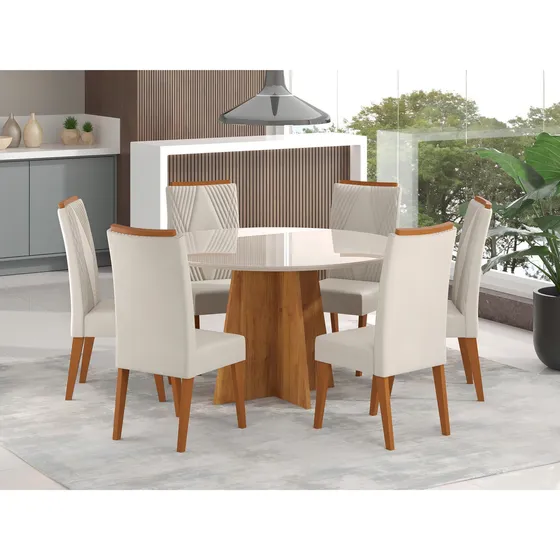 Mesa De Jantar Redonda Vitara Com 6 Cadeiras Madeira Wt