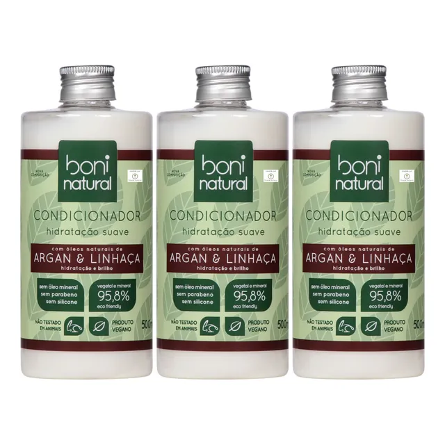 Kit 3 Condicionador No Poo Boni Natural Argan E Linhaça