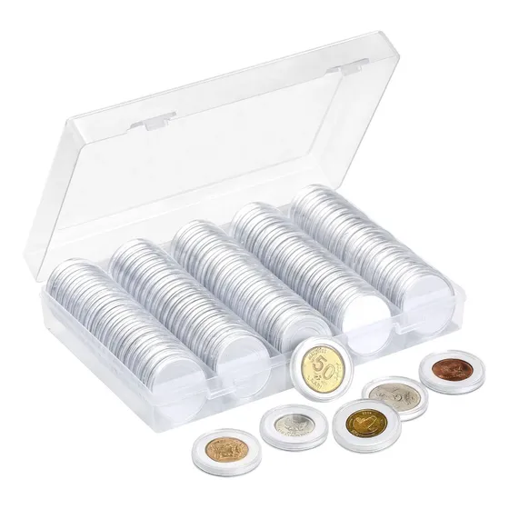 100 Capsulas 30mm Moneda Almacenaje Limpio Caja Plástica