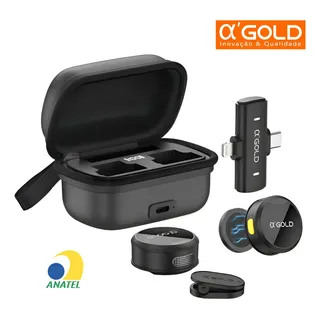 Microfone Lapela Sem Fio Duplo A'gold Anti Ruido Ia C/ Imã Cor Preto