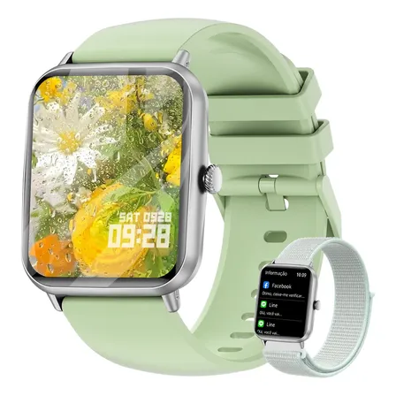 Smartwatch Android Ios Relógio Digital Mulhere Homem Esporte Prateado Silicone Verde-claro