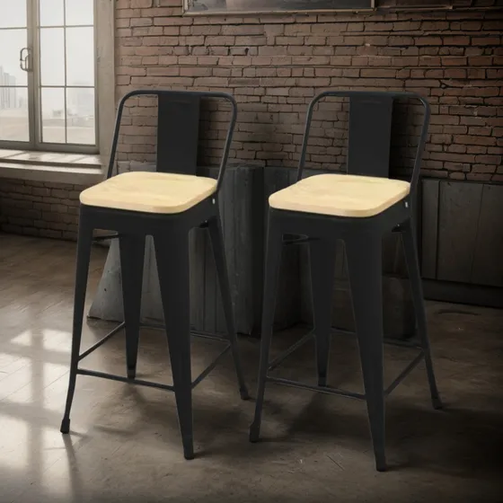 Pack X2 Taburete Piso Bar Tolix 66 Cm Asiento Madera