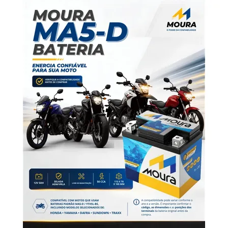 Bateria De Moto Moura 12v 5ah MA5D 12v5ah Moura Moto Titan Fan Biz Bros Fazer Xre Crf Pcx 125 150 160 190 Selada Com Caixa