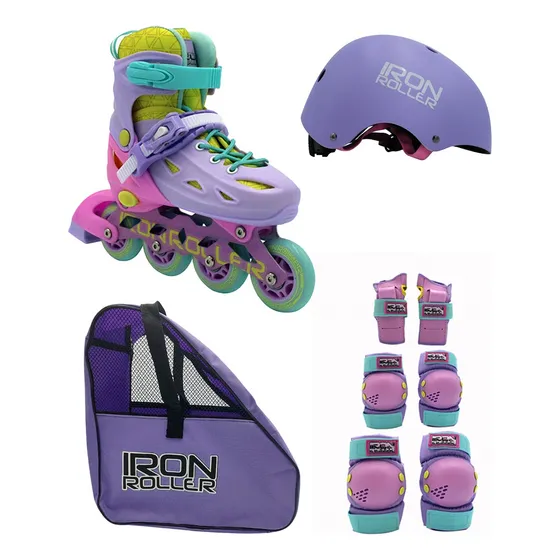 Combo Patines Ajustables Casco Protecciones Y Bolsa Rainbow Gde 24-27 7.2 Cm Lila