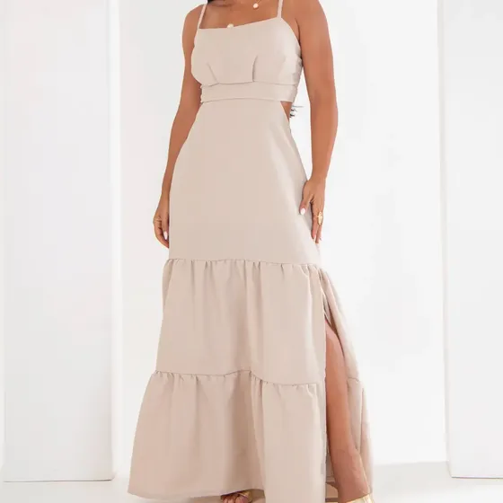 Vestido Longo Babado Fenda Lateral Costas Lastex Elegante
