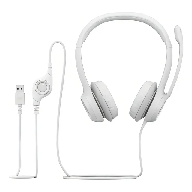 Auriculares USB Logitech H390 con control de volumen, silenciadores, color blanco