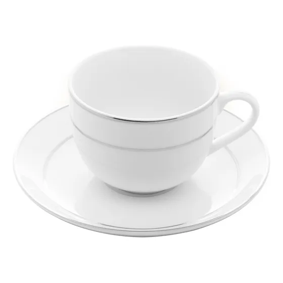 Cj 6 Xícaras Porcelana Borda Prata Mônaco Branco 220ml Wolff