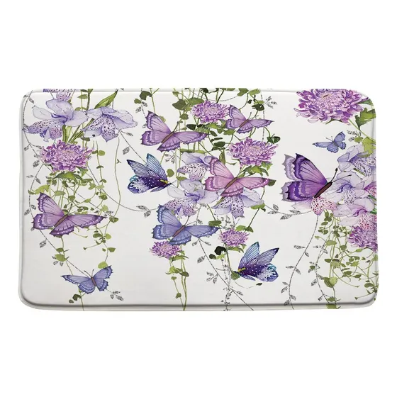 Tapete Baño Diseño Mariposa Flor Color Morado Acuarela Para