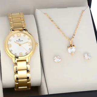Relogio Feminino Pequeno Champion Dourado + Kit Semi Joia Cor Do Fundo Prateado Relogio Feminino Pequeno Champion Dourado + Kit Semi Joia Cor Do Fundo Prateado